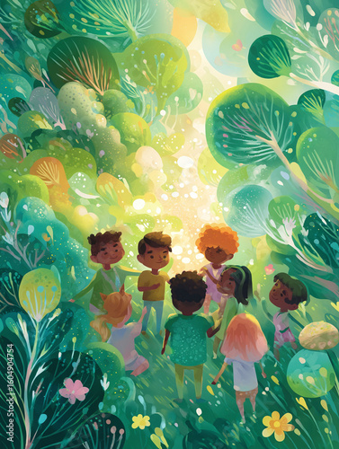 A group of children stands amidst lush greenery in this joyful illustration. Vibrant colors and whimsical style evoke imagination, harmony, and natures wonder.