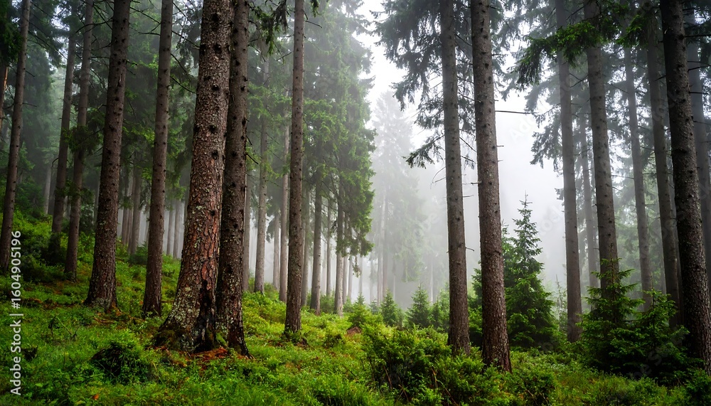 Obraz premium Misty green pine tree wood