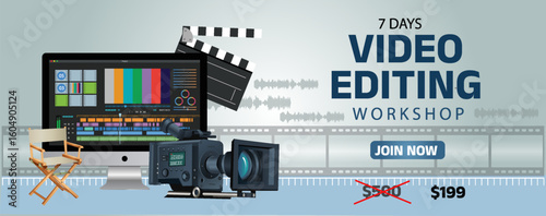 video editing workshop banner vector illustration with monitor, camera and clapper board
