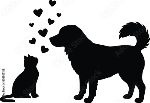 Silhouette of cat and dog with hearts, love and friendship concept, black and white pet vector, emotional bond, affectionate design