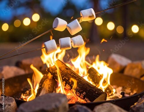 Marshmallows roasting over a campfire at night