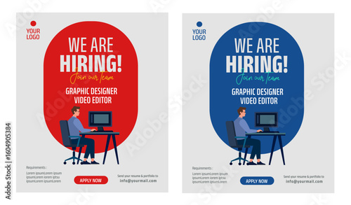 'We are hiring graphic designer and video editor' job vacancy social media banner  template. vector illustration