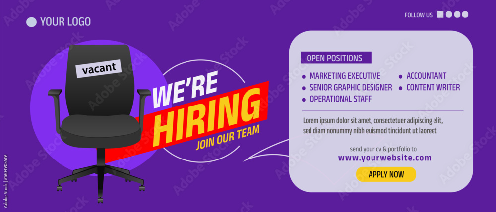 Obraz premium we are hiring join our team announcement banner for social media post. vacant sign on empty office chair. Job recruiting abstract vector illustration
