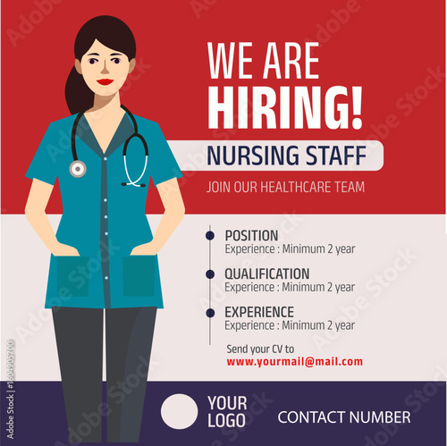 'we are hiring nursing staff' social media poster with nurse vector illustration