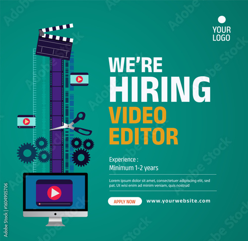  ‘We are hiring video editor ‘ poster vector illustration. Job recruitment abstract