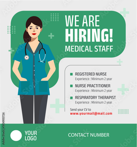 'we are hiring nursing staff' job vacancy advertising. modern social media post template vector illustration