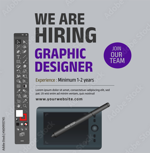 job vacancy poster vector illustration with tool bar. hiring creative people. graphic designer wanted
