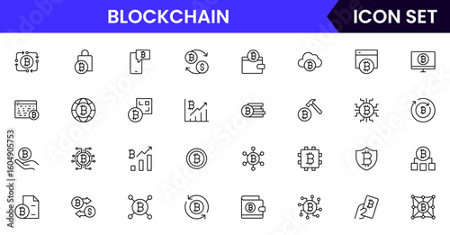 Blockchain and cryptocurrency vector line icons featuring digital coins, wallets, mining, ledgers, security, tokens, exchanges, smart contracts, and decentralized networks.