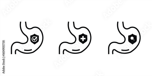 Colitis icon. Stomach with a protected health sign. Check out the intestinal health symbol for medical designs.