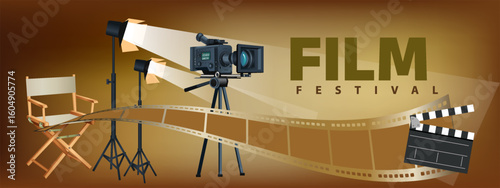 Film festival banner vector illustration with digital camera, lights, film, clapper board and chair. isolated on a old retro background