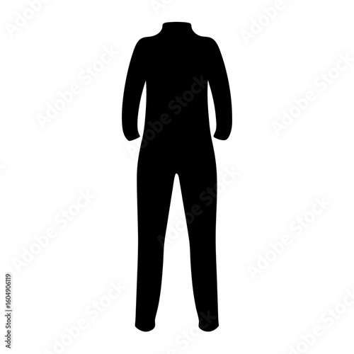 Full black jumpsuit silhouette with long sleeves and high neck collar