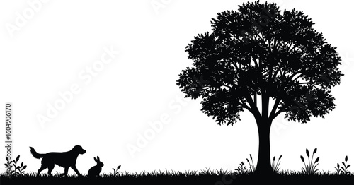 Silhouette of dog and rabbit, serene outdoor setting, wildlife bonding, peaceful nature background, grassy field, tree shadow, black and white