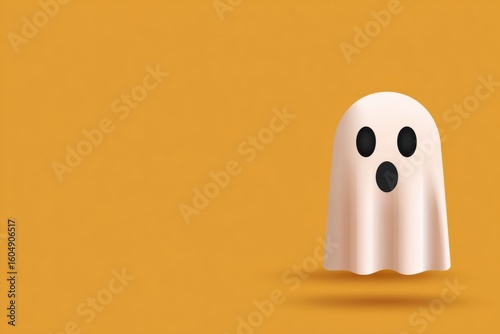 A simple white ghost illustration with black eyes and mouth on an orange background, evoking a playful Halloween vibe.