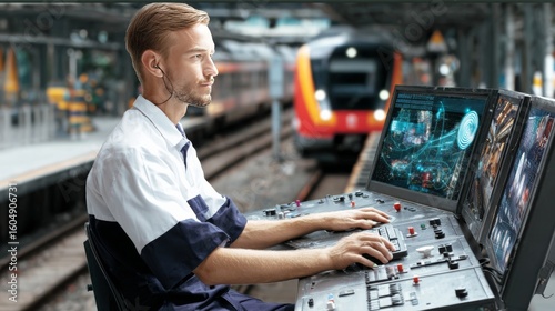 Train operations control train station digital monitoring urban environment side view transportation management efficiency