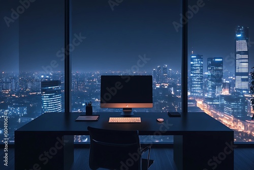 Tranquil Night Office Workspace with a Computer Overlooking a Breathtaking Panoramic View of a Brightly Lit City Skyline	