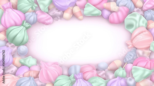 A pastel-colored frame made of various sweet treats and candies surrounds a blank white center space.
