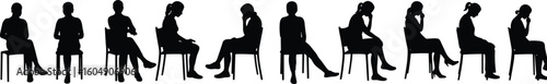 Silhouette of people sitting on chairs, different postures, black and white sketch, waiting pose, side view illustration, minimalist design art