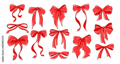 Vintage Coquette Bows in Hand-Drawn Whimsical Style Ribbon Set, Cute Flirtatious Bows Clipart Collection