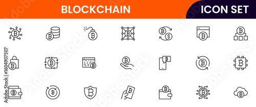 Blockchain and cryptocurrency vector line icons featuring digital coins, wallets, mining, ledgers, security, tokens, exchanges, smart contracts, and decentralized networks.