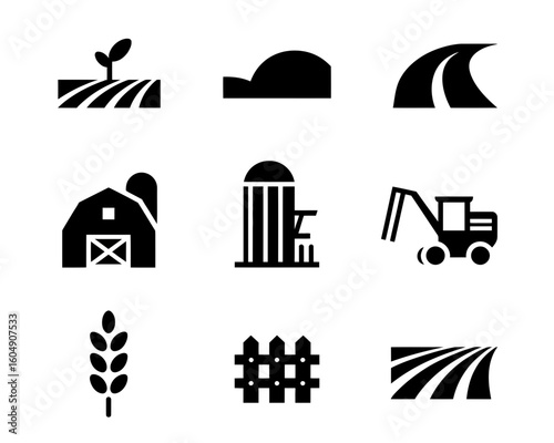 Collection of nine black farm related icons in silhouette isolated on white background