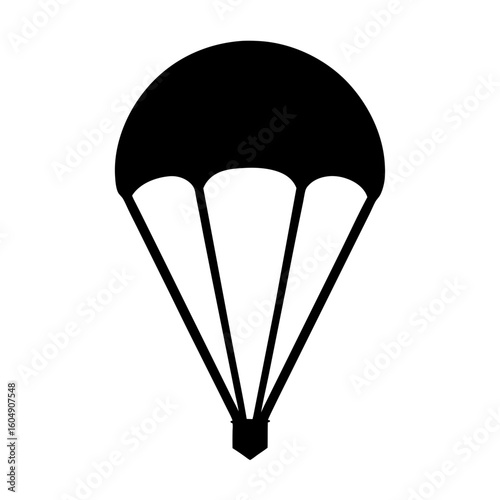 Simplified black silhouette of a parachute against a white background graphic
