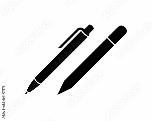 Black silhouette of a ballpoint pen and a marker isolated on white background silhouette