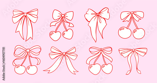 Cherry Bow Coquette Ribbon Vector Icons with Cute Heart Shapes and Girly Pink Drawing. Romantic Cherry Symbol