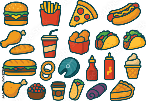 Assorted fast food items and drinks burger fries