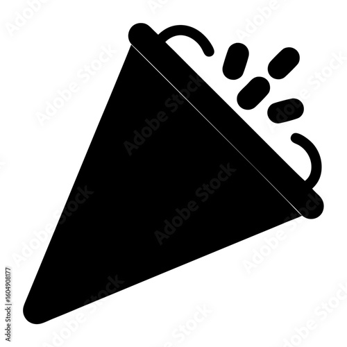 Black conical party popper icon with confetti explosion on white background
