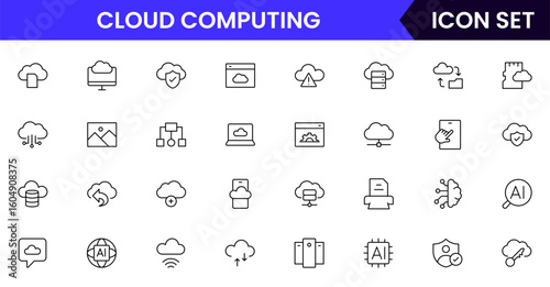 Cloud and quantum computing vector line icons featuring servers, data clouds, qubits, circuits, algorithms, networks, processing, security, and futuristic technology elements.
