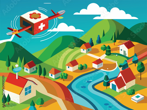 Drone delivering medical supplies to rural village medicine delivery