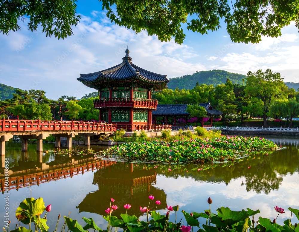 Peaceful Asian garden pavilion by a serene pond