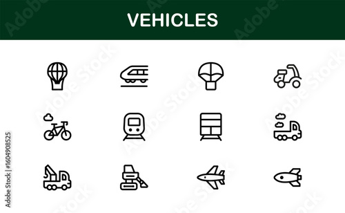 Automotive Vehicles Modern Professional Line Icon Set – Premium Vector Collection Featuring Cars, Trucks, Motorbikes, EVs, Buses, and Transport Symbols
