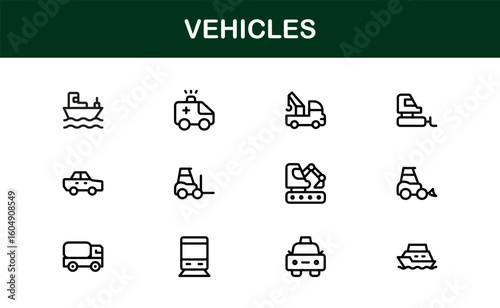 Automotive Vehicles Modern Professional Line Icon Set – Premium Vector Collection Featuring Cars, Trucks, Motorbikes, EVs, Buses, and Transport Symbols