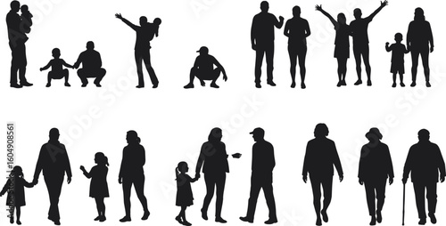 Silhouettes of diverse families walking, playing, bonding, parenting concept, generational unity, black vector illustration, white background, isolated figures, love