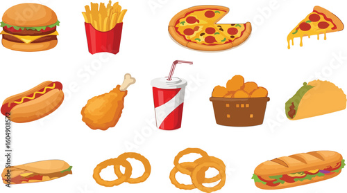Delicious fast food assortment with burger fries pizza and drinks hotdog chicken