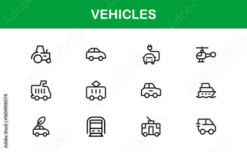 Automotive Vehicles Modern Professional Line Icon Set – Premium Vector Collection Featuring Cars, Trucks, Motorbikes, EVs, Buses, and Transport Symbols
