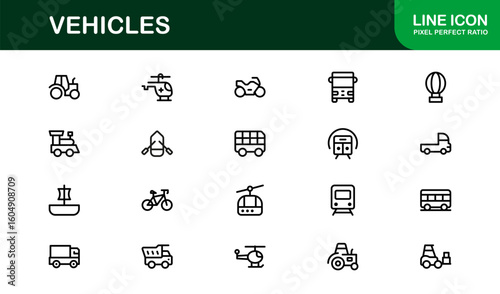 Automotive Vehicles Modern Professional Line Icon Set – Premium Vector Collection Featuring Cars, Trucks, Motorbikes, EVs, Buses, and Transport Symbols
