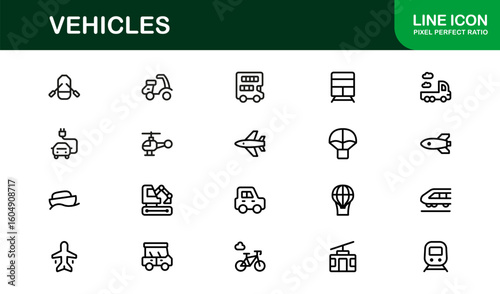 Automotive Vehicles Modern Professional Line Icon Set – Premium Vector Collection Featuring Cars, Trucks, Motorbikes, EVs, Buses, and Transport Symbols