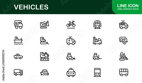 Automotive Vehicles Modern Professional Line Icon Set – Premium Vector Collection Featuring Cars, Trucks, Motorbikes, EVs, Buses, and Transport Symbols