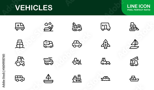 Automotive Vehicles Modern Professional Line Icon Set – Premium Vector Collection Featuring Cars, Trucks, Motorbikes, EVs, Buses, and Transport Symbols