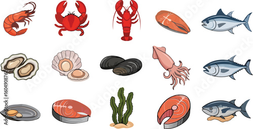 Seafood collection with fish shellfish and crustaceans shrimp