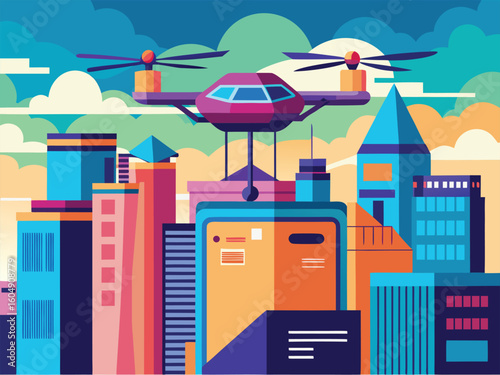 Drone Delivery Over Colorful Cityscape urban technology