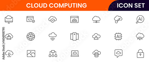 Cloud and quantum computing vector line icons featuring servers, data clouds, qubits, circuits, algorithms, networks, processing, security, and futuristic technology elements.