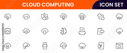 Cloud and quantum computing vector line icons featuring servers, data clouds, qubits, circuits, algorithms, networks, processing, security, and futuristic technology elements.