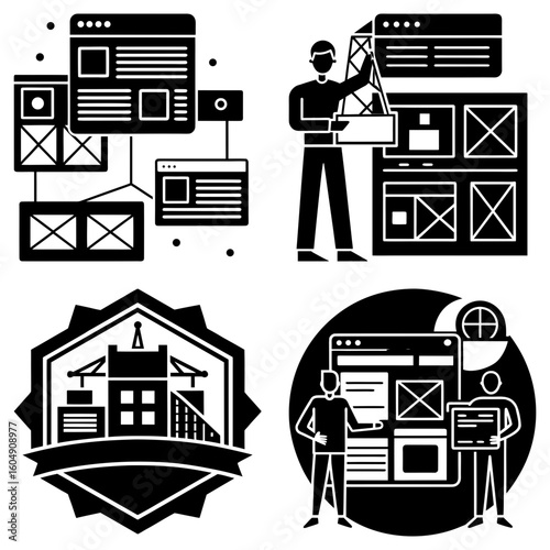 Illustration showing website design and construction with wireframes and developers in black and white