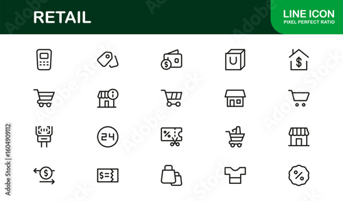 Retail Commerce Essentials Modern Line Icon Set – Symbols for Shopping, Storefronts, POS, Discounts, Delivery, Loyalty, Cart, Barcode, Payment and Ecommerce