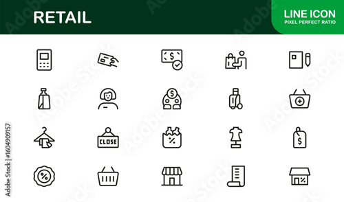 Retail Commerce Essentials Modern Line Icon Set – Symbols for Shopping, Storefronts, POS, Discounts, Delivery, Loyalty, Cart, Barcode, Payment and Ecommerce