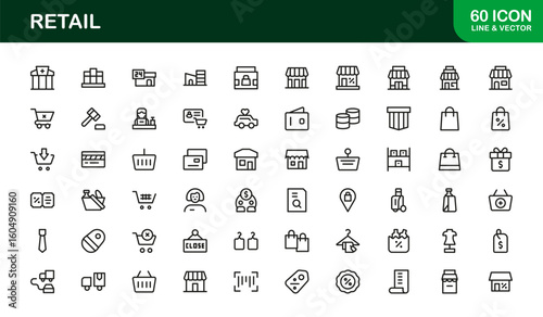 Retail Commerce Essentials Modern Line Icon Set – Symbols for Shopping, Storefronts, POS, Discounts, Delivery, Loyalty, Cart, Barcode, Payment and Ecommerce