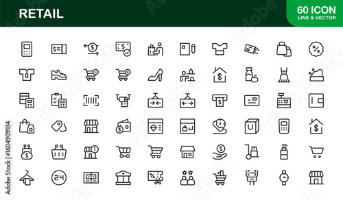 Retail Commerce Essentials Modern Line Icon Set – Symbols for Shopping, Storefronts, POS, Discounts, Delivery, Loyalty, Cart, Barcode, Payment and Ecommerce